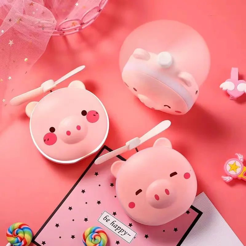 Cute Piggy Makeup Mirror Handheld Mini Fan With Led Light Cosmetics Mirror With Small Fan Girls Travle Portable Fan