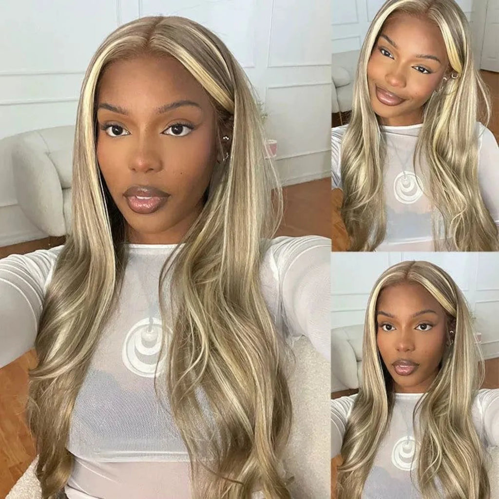 Brown Wig with Ash Blonde Highlights Synthetic Hair Long Wavy Loose Body Wave Streaks Money Piece 13X4 Frontal Wigs for Women
