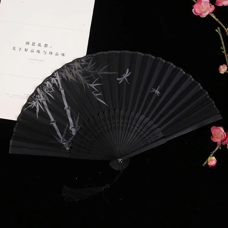 Chinese Bamboo Silk Hand Folding Fan Black