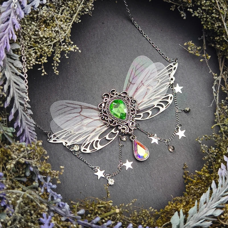 Witch Fairycore Butterfly Crystal Tassels Pendant Necklace Woodland Fairies Forest Pixie Goddess Necklace for women