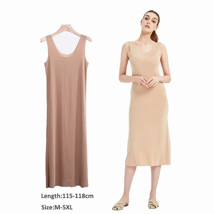 Plus Size Full Slips Dresses For Women Thin Seamless Ice Silk Summer Petticoat Underskirt Dress Sleeveless Inner Vest Dress 5XL