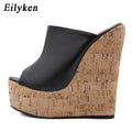 Eilyken Fashion Peep Toe Platform Wedges Women Slippers High Quality PU Leather Sandals 2025 New Summer Solid Heels Ladies Shoes