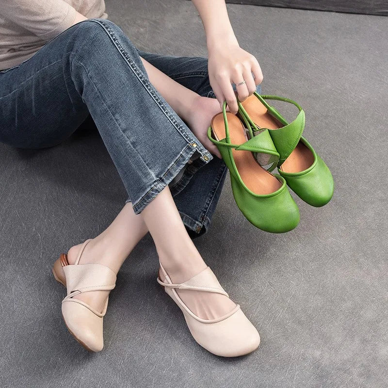 Johnature 2025 Summer New Genuine Leather Round Toe Comfortable Low Heel Sandals Casual Versatile Women's Shoes