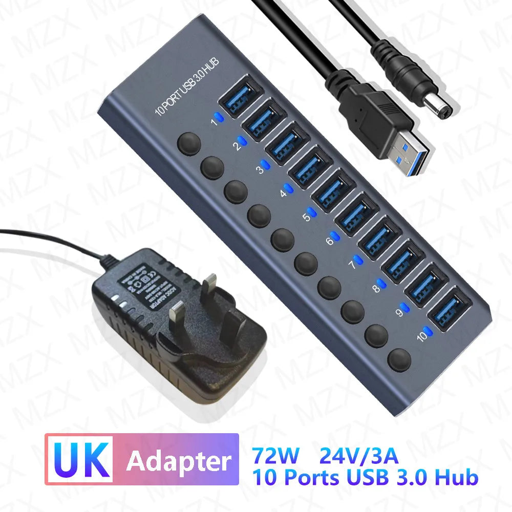 MZX USB 3.0 Hub Aluminum Multi Port Splitter with Power Adapter and Switch