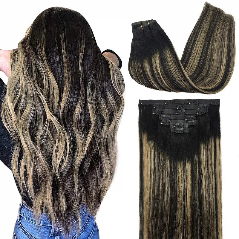 PU Clip in Extensions Human Hair Clip in Natural Thick Straight Hair Extensions Seamless Skin Weft Clip-on Hair Pieces 150G