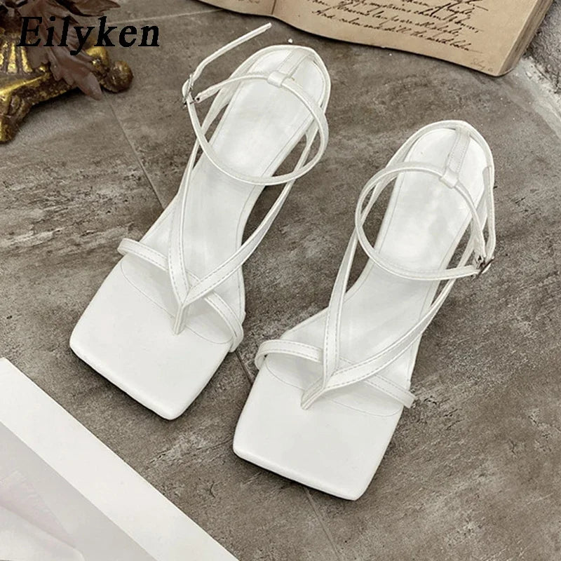 Square Toe Thin Heels Sandals Ankle Buckle
