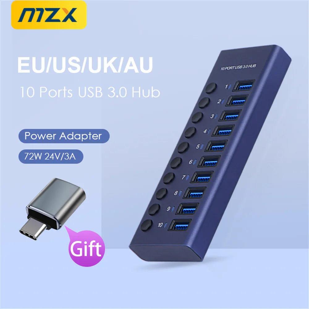 MZX USB 3.0 Hub Aluminum Multi Port Splitter with Power Adapter and Switch