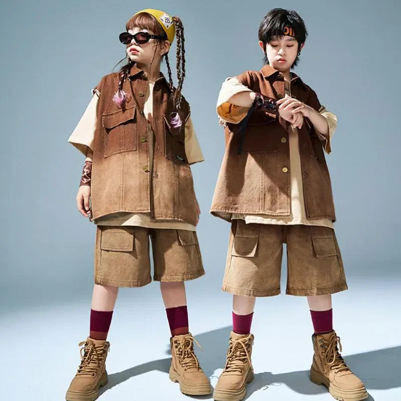 Sets Kids Showing Cool Tee Street Dance Child Jazz Costumes Boys Hip Hop Brown T-shirt Girls Loose Print Cargo Shorts Clothes
