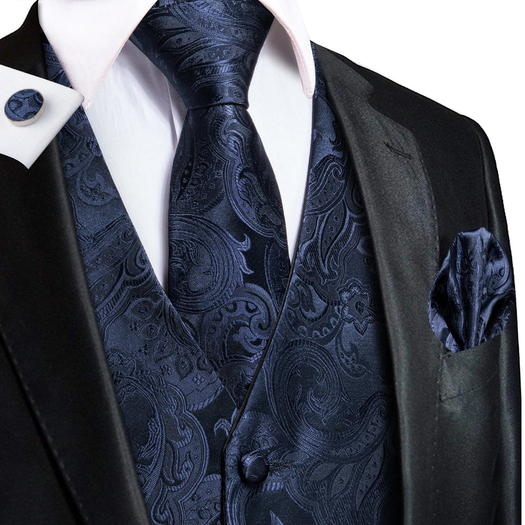 Hi-Tie Men's Silk Vests Fashion Dark Green Floral Jacquard Handkerchief Cufflinks Necktie Sleeveless Wistcoat Sets Wedding Party