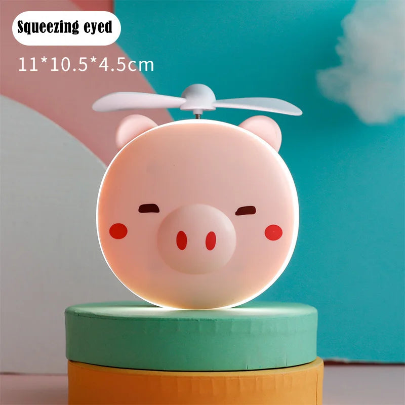 Cute Piggy Makeup Mirror Handheld Mini Fan With Led Light Cosmetics Mirror With Small Fan Girls Travle Portable Fan