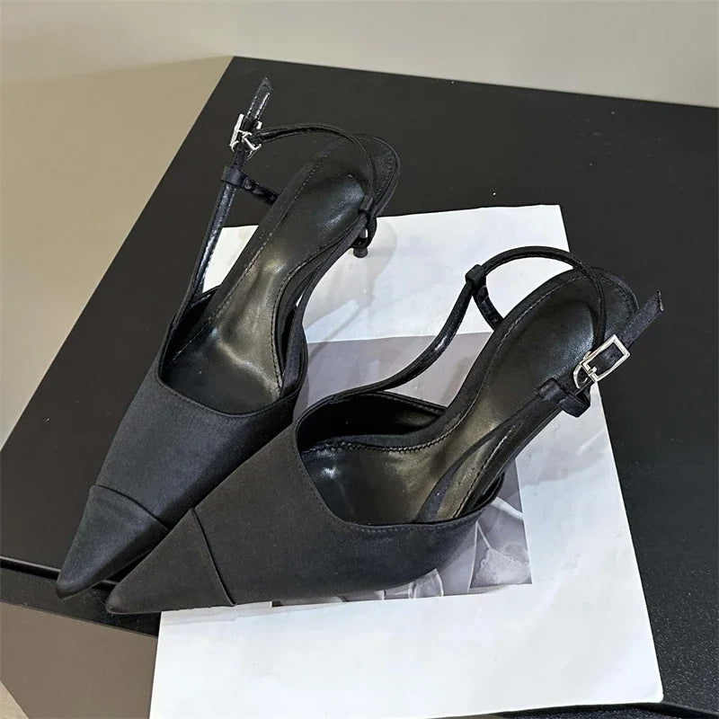 Eilyken High Quality Satin Buckle Strap Women Pumps Sandals Fashion Shallow Thin Heels Pointed Toe Slingback Mules Shoes