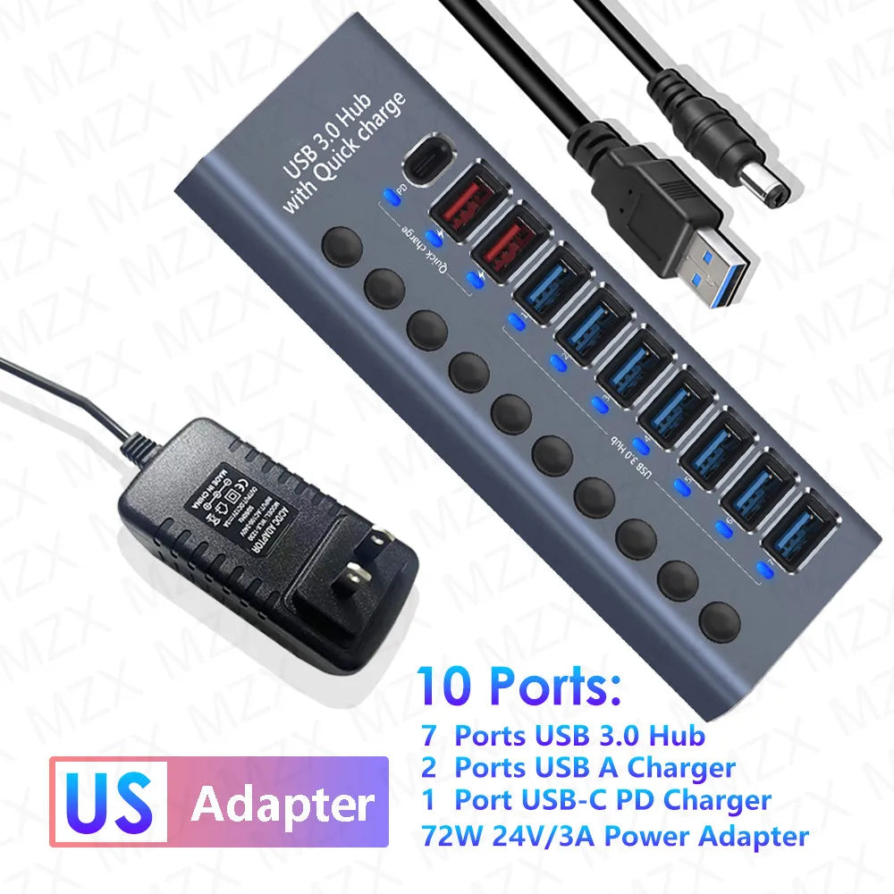 MZX USB 3.0 Hub Aluminum Multi Port Splitter with Power Adapter and Switch