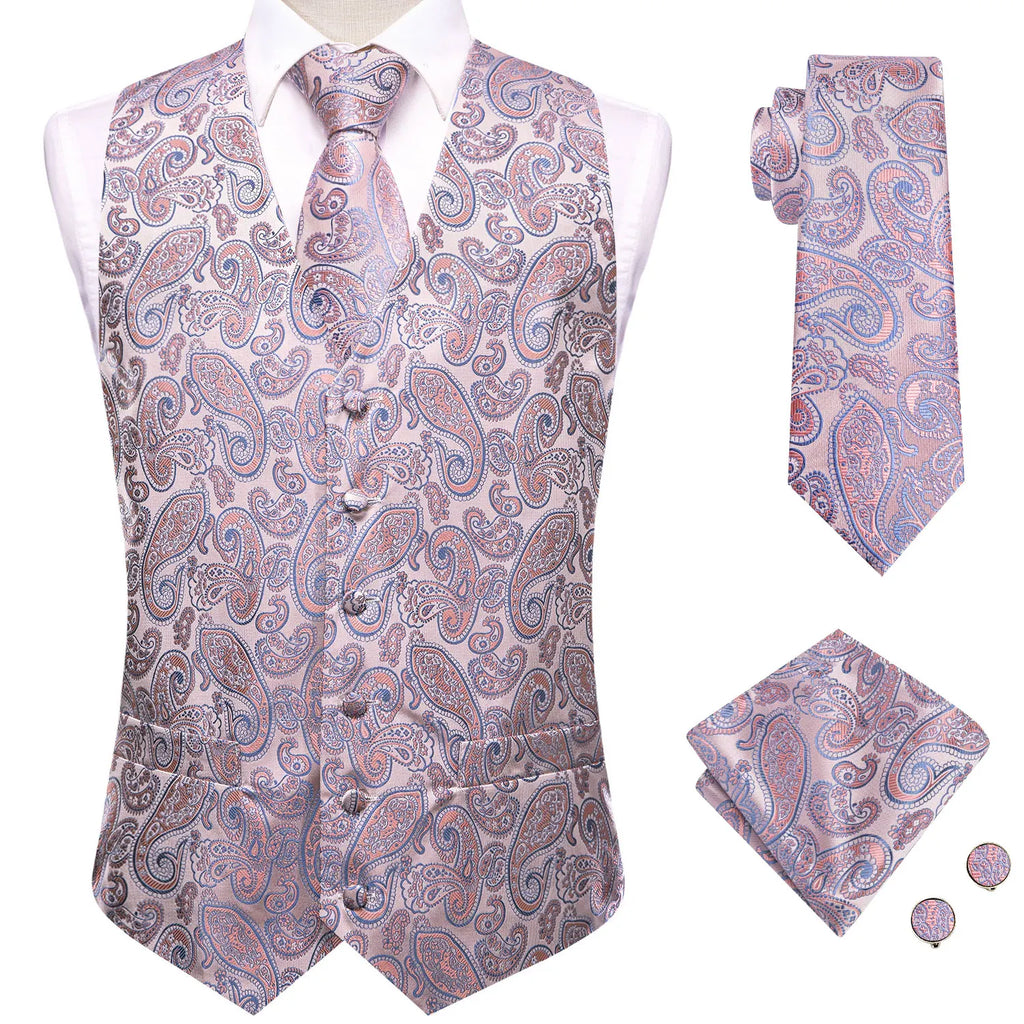Hi-Tie Wedding Coral Pink Mens Vest Silk Tie Set Adjustable Jacquard Waistcoat Jacket Necktie Hanky Cufflinks Formal Party Gifts