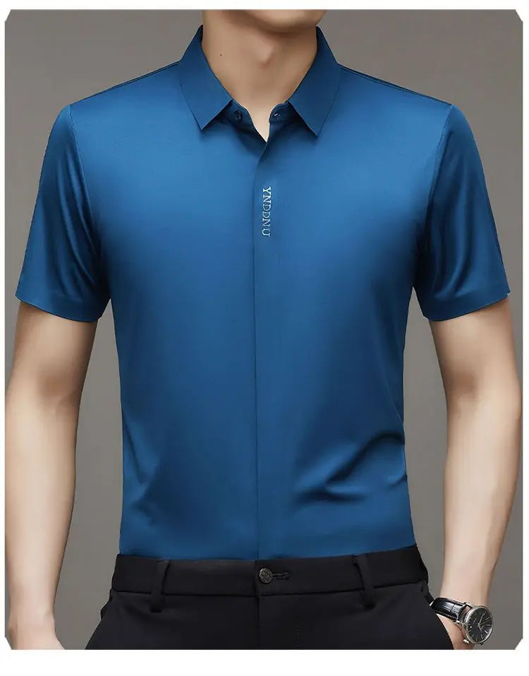 High end  Mulberry Silk Men Short Sleeve Business Shirt Wrinkle Resistant Button Invisible Top Elastic Luxurious Men Shirts