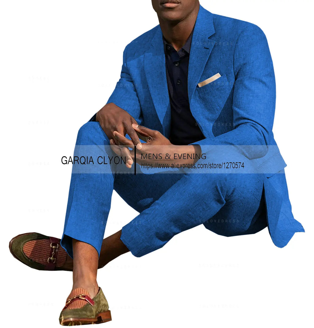 Linen Men's Suits 2 Pieces Summer Casual Notch Lapel Single Breasted Men's Wedding Suits（Blazer+Pants）
