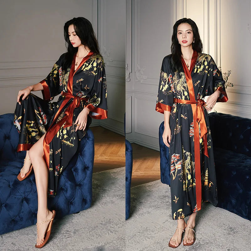 Print Flower Long Kimono Bathrobe Gown Sexy Women Half Sleeve Wedding Robe Nightgown Spring Summer Rayon Home Dress Sleepwear