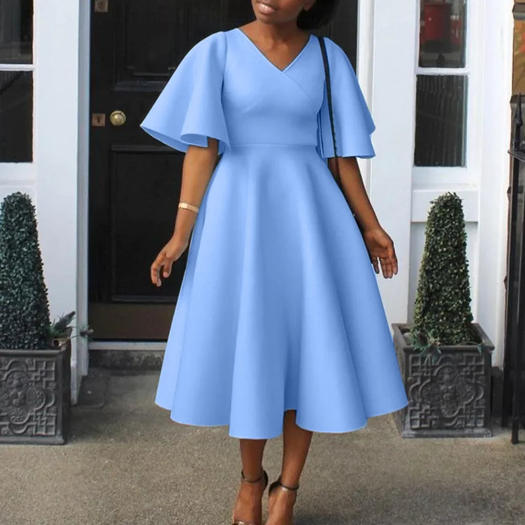 Summer Fashion African Women V-neck Polyester Short Flare Sleeve Red Black Pink Knee-length Dress African Dresses for Women