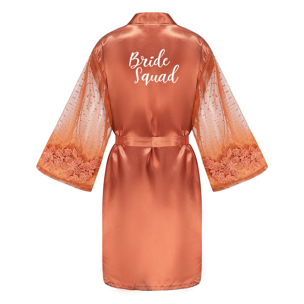 Caramel Wedding Bride Bridesmaid Robes Dressing Gown Sexy Women Bathrobe Night Shirts Short Women Kimono Mesh Sleeve