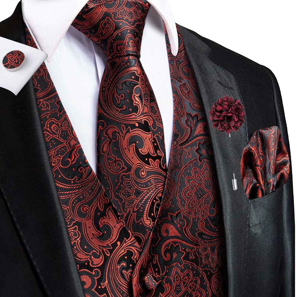 Luxury Gold Black Silk Mens Vests Print Jacquard Waistcoat Tie Hanky Cufflinks Brooch Set for Men Wedding Formal Business Hi-Tie