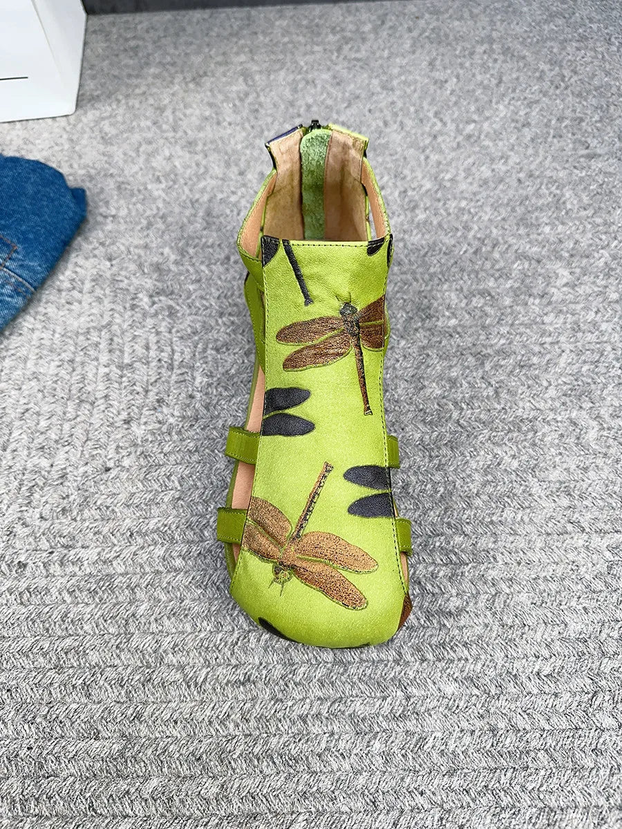 Johnature Genuine Leather Printed Roman Sandals 2025 Summer New Back Zippered Flat Hollow Round Toe Women's Shoes