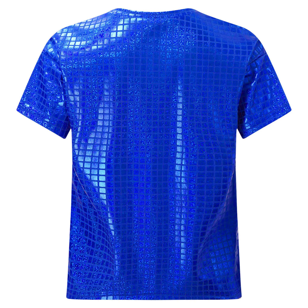 Boys Girls Shiny Plaid Sequins T-shirt Unisex Kids Short Sleeve Shirts Tops Cheerleading Street Dance Choir Stage Performance