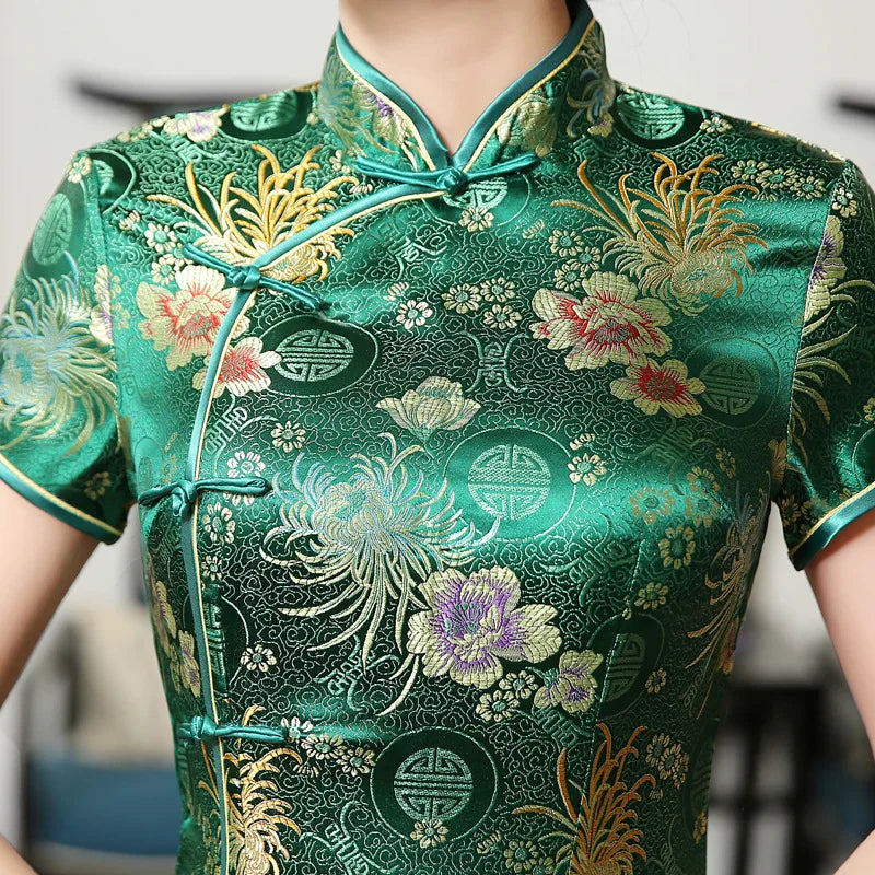 Green Brocade Satin Qipao Flower Mandarin Collar Cheongsam High Split Vestidos Oriental Bride Wedding Dresses Summer Party Gown
