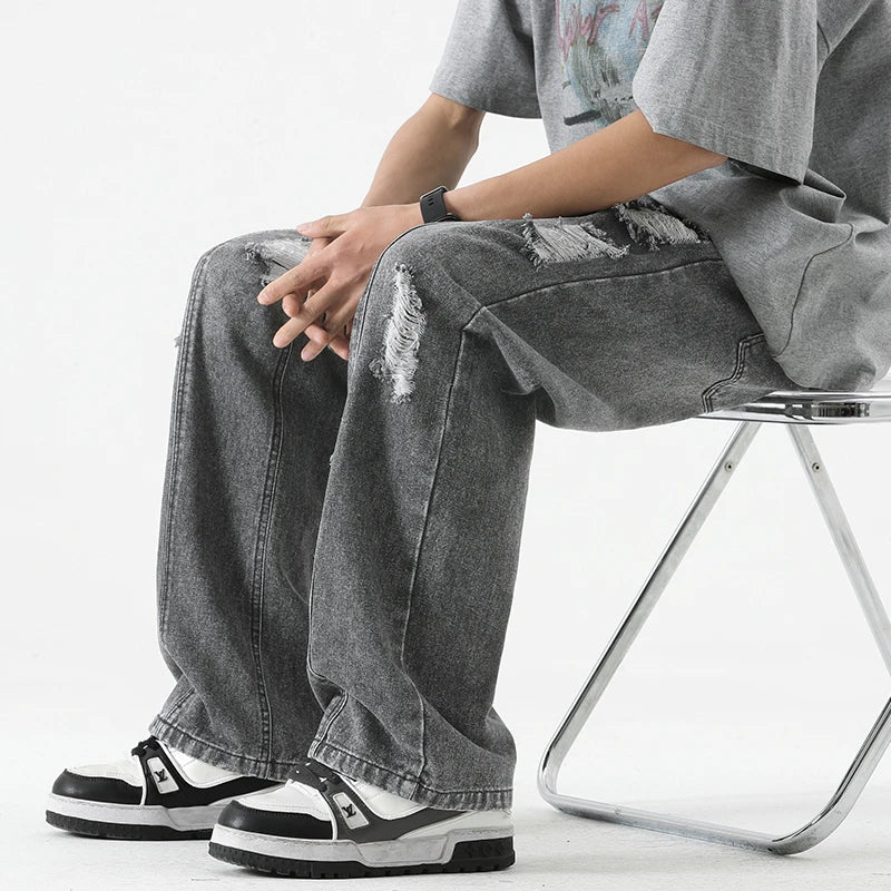 Men's Summer Ripped Jeans Loose Straight Leg