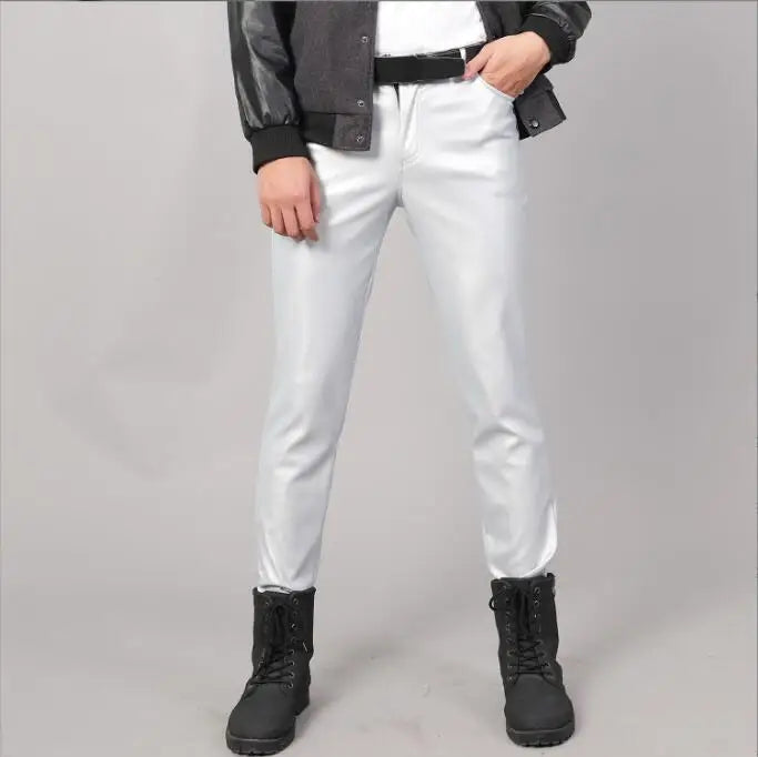 2024 New Men's Leather Pants Fashion Slim PU Trousers Red Blue Black Gray White Pantalones Hombre
