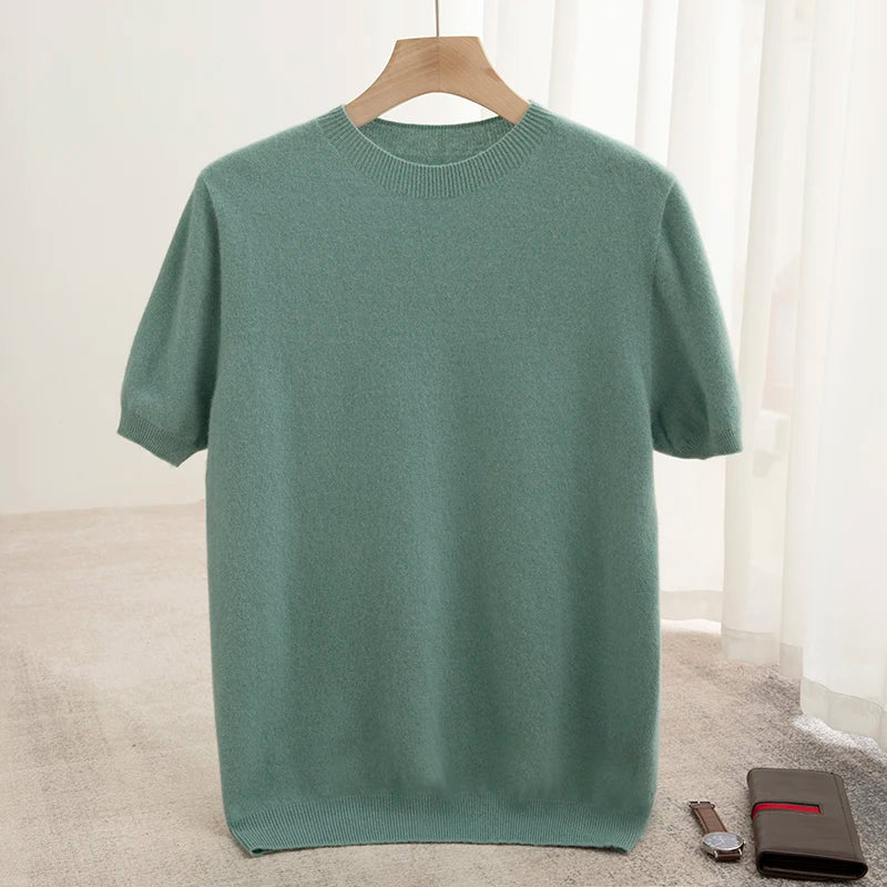 New Summer Autumn Men's 100% Merino Wool Pullover O-Neck Short Sleeve Jumper Cashmere Sweater Soft Casual Tops T Shirt