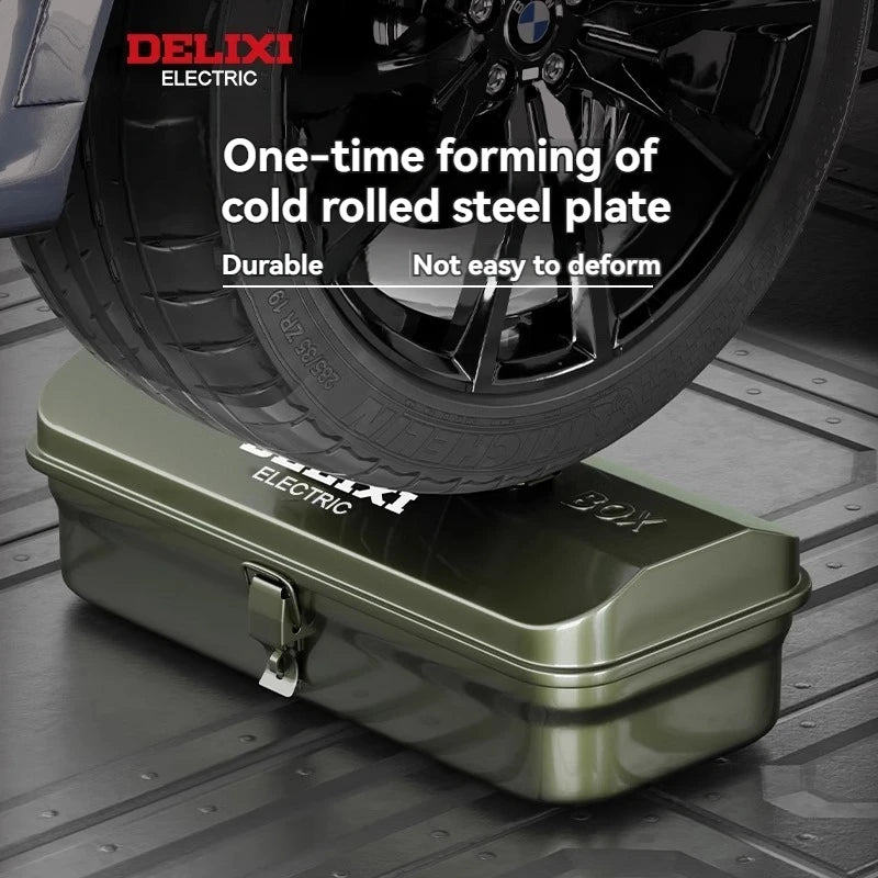 DELIXI Thicked Iron Tool Box Multi-functional Hard Case Industrial Tools Storage Box Household Car Hand-held Steel Storage Box