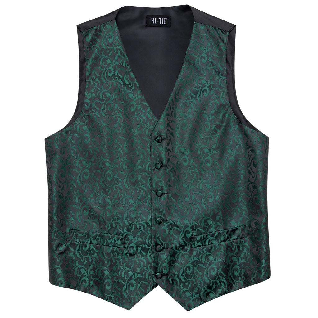 Hi-Tie Men's Silk Vests Fashion Dark Green Floral Jacquard Handkerchief Cufflinks Necktie Sleeveless Wistcoat Sets Wedding Party