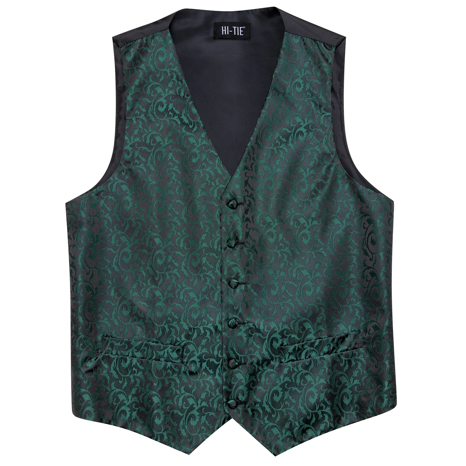 Hi-Tie Men's Silk Vests Fashion Dark Green Floral Jacquard Handkerchief Cufflinks Necktie Sleeveless Wistcoat Sets Wedding Party