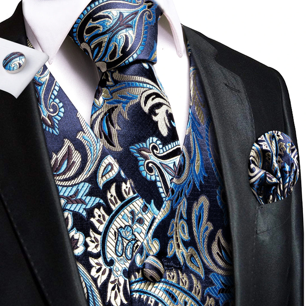 Hi-Tie Silk Ivory Beige Champagne Gold Mens Vests Tie Hankerchief Cufflinks Set Jacquard Vine Waistcoat for Men Suit Dress