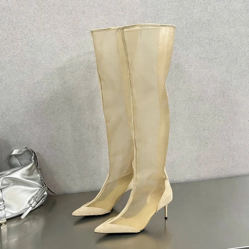 Eilyken New Design Mesh Pointed Toe Women Over The Knee Boot Sandals Fashion Zipper Thin High Heels Party Prom Shoes