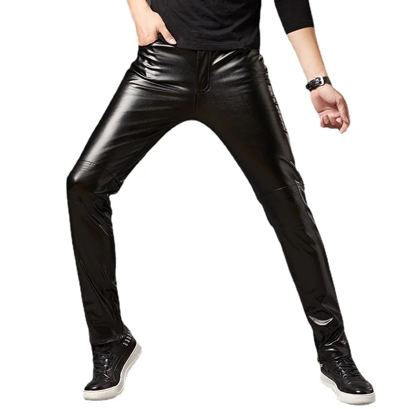 Silver Shiny Motorcycle PU Leather Pants Men Brand Skinny Disco Party Halloween Trousers Men Stage Prom Singer Costume Pants 3XL