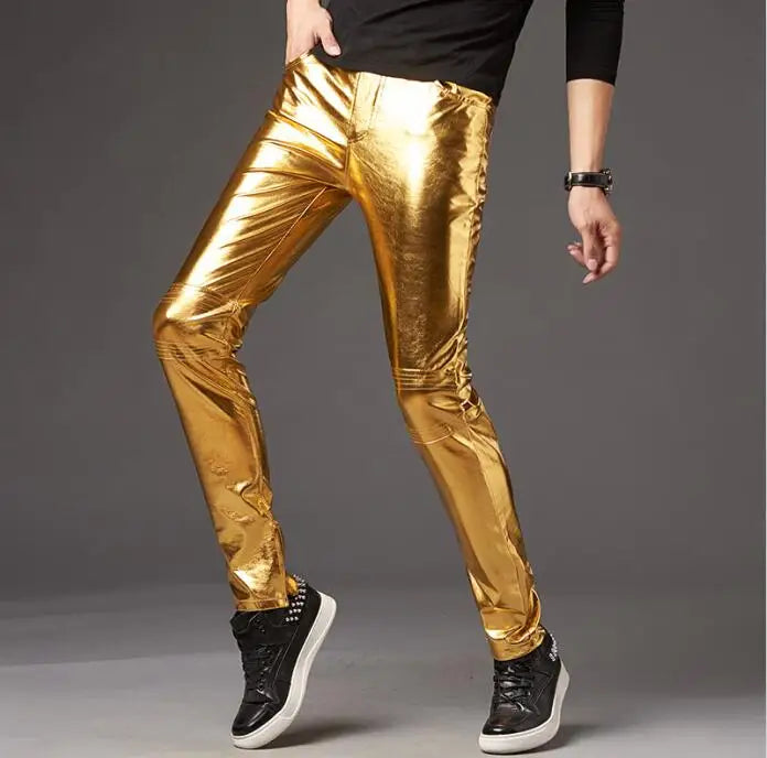 Silver Shiny Motorcycle PU Leather Pants Men Brand Skinny Disco Party Halloween Trousers Men Stage Prom Singer Costume Pants 3XL