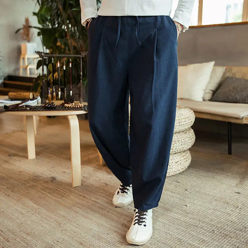 Fashion Summer Casual Pants For Mens Cotton Linen Loose Trousers Trendy Large Size Bloomers Male Home Tai Chi Wide Leg Pants 5XL