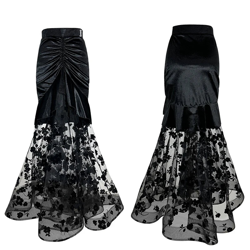 2024 Ballroom Dance Clothes Women Black Lace Mesh Veslvet Tops Skirt Waltz Dance Performance Costume Competition Dresses BL13497