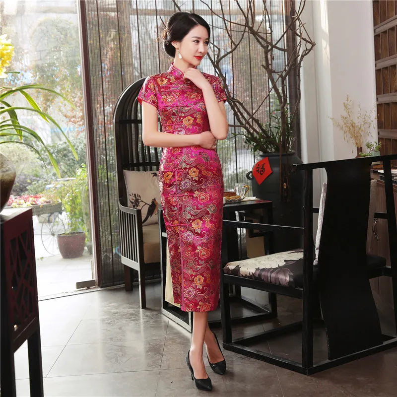 Cheongsam Women's Summer Dress Vintage Button Down Qipao Lady Elegant Brocade Satin Vestidos Oriental Bride Wedding Dresses