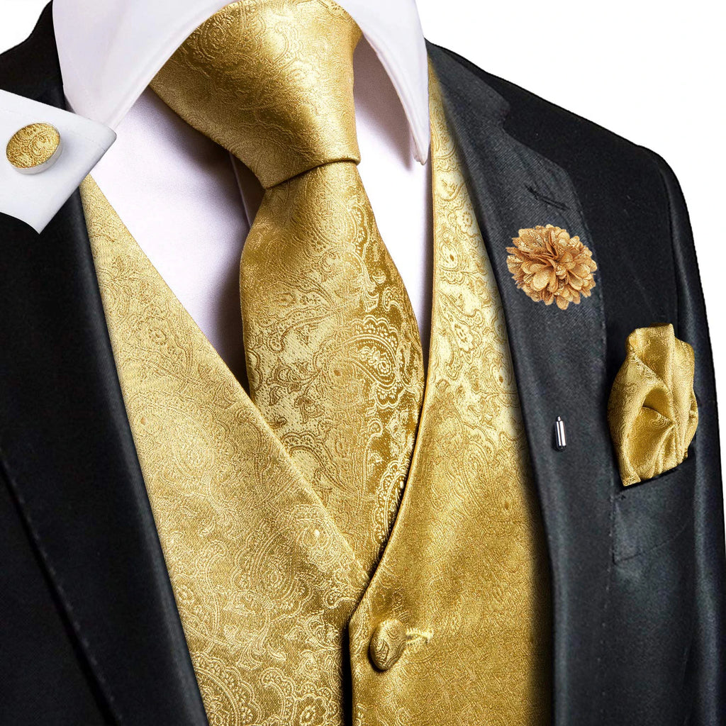 Hi-Tie High Quality Silk Mens Vests Champagne Paisley Waistcoat Neck Tie Hanky Cufflinks Brooch Set for Men Suit Wedding Office