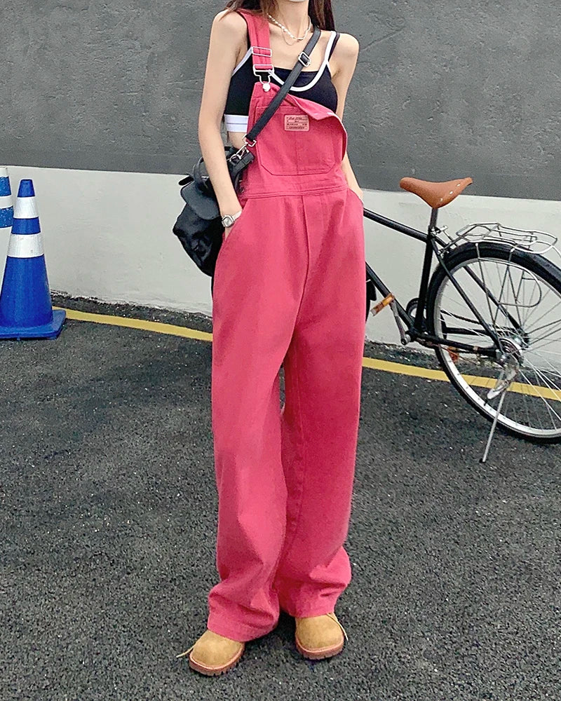 SM jeans womens 2022 Summer Preppy Style loose Girls Pink wide leg trousers jumpsuit korean casual denim overalls womens (78891