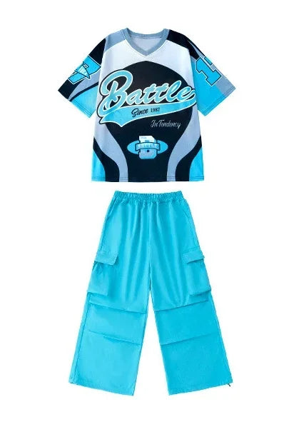 New Summer Teens Loose Blue T-Shirt Pants Black Shorts Boys Hip Hop Outfits Modern Jazz Dance Costume Girl Kpop Performance Wear