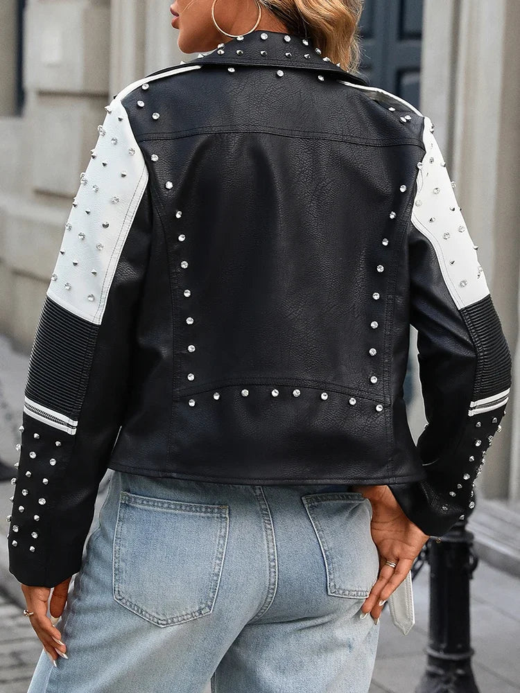 New Spring Autumn Women Street Rivet Black White Faux Leather Jacket Moto Biker Punk Belt Coat Outwear