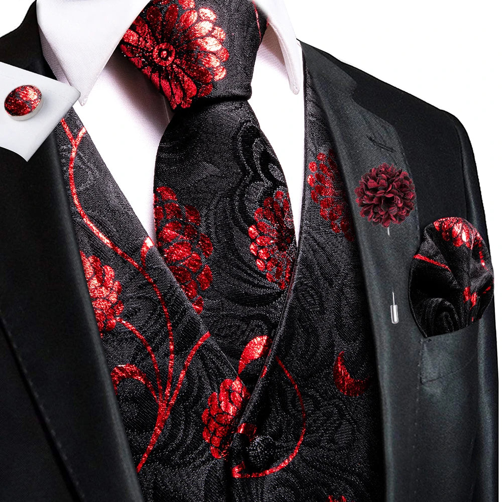 Luxury Gold Black Silk Mens Vests Print Jacquard Waistcoat Tie Hanky Cufflinks Brooch Set for Men Wedding Formal Business Hi-Tie