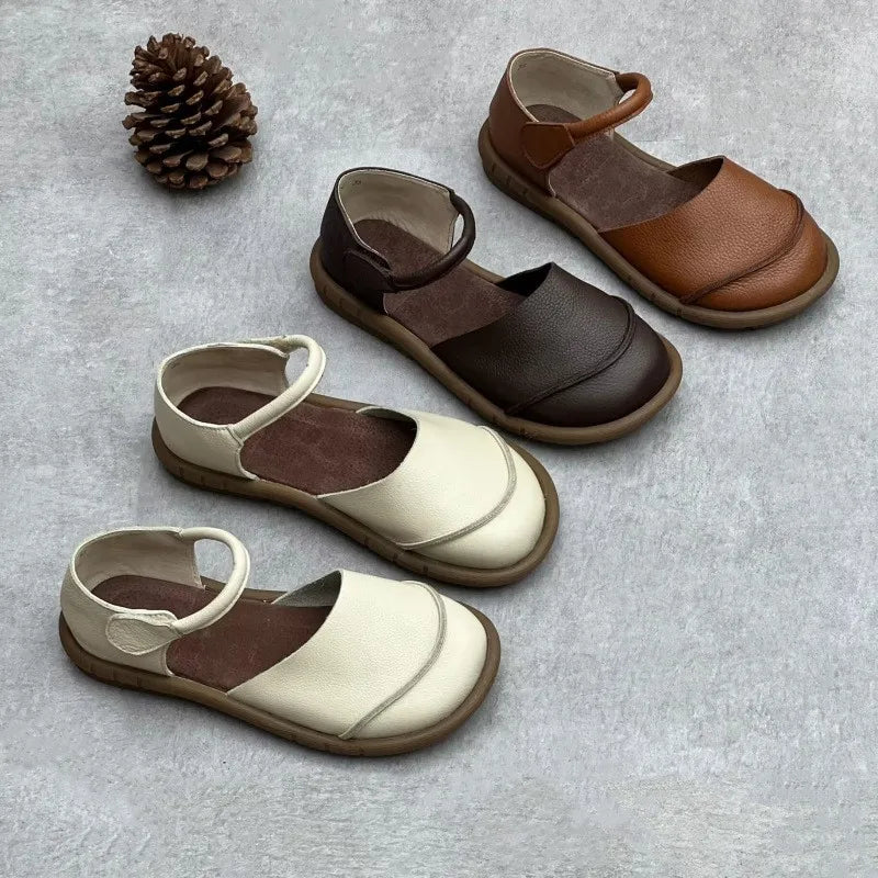 Johnature Retro Handmade Genuine Leather Flats Sandals 2025 Summer New Casual Versatile Comfortable Soft Sole Women's Shoes