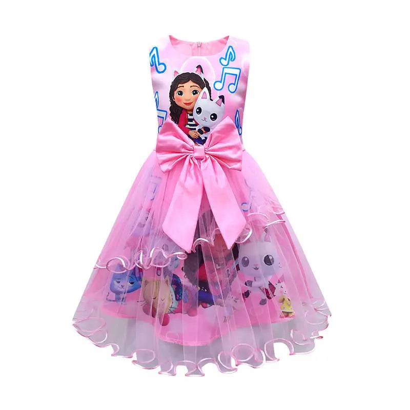 Summer Gabbys Dollhouse Costume For Baby Girl Lace Dress Fashion Kid Up Bow Print Princess Frock Children Tunic Clothes