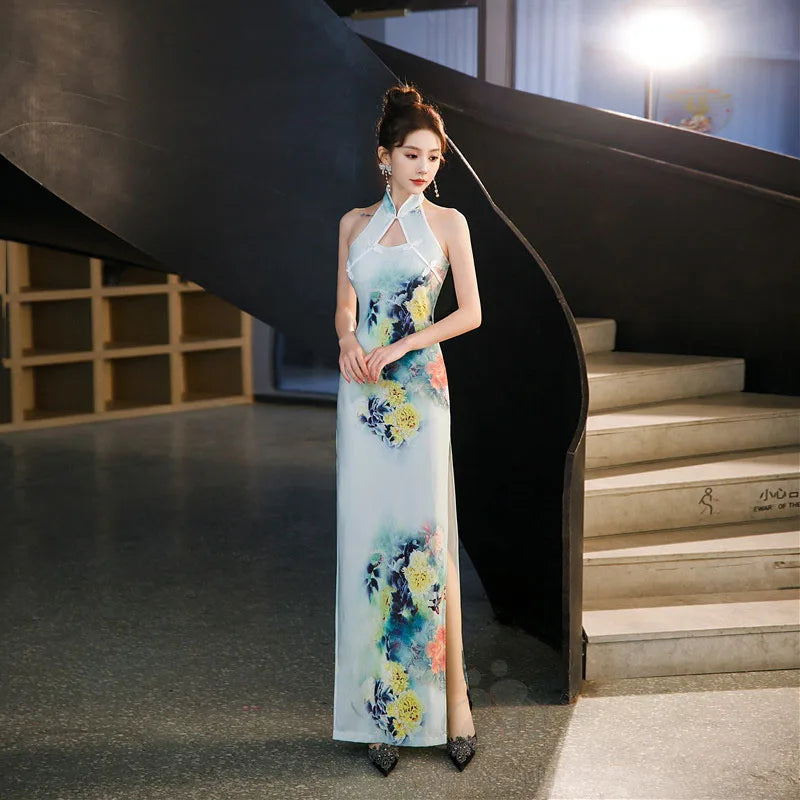 Green Blue Chinese National Cheongsam Women Summer Sexy Backless Dress Sleeveless Floral Vintage Dress Long Qipao S to 5XL