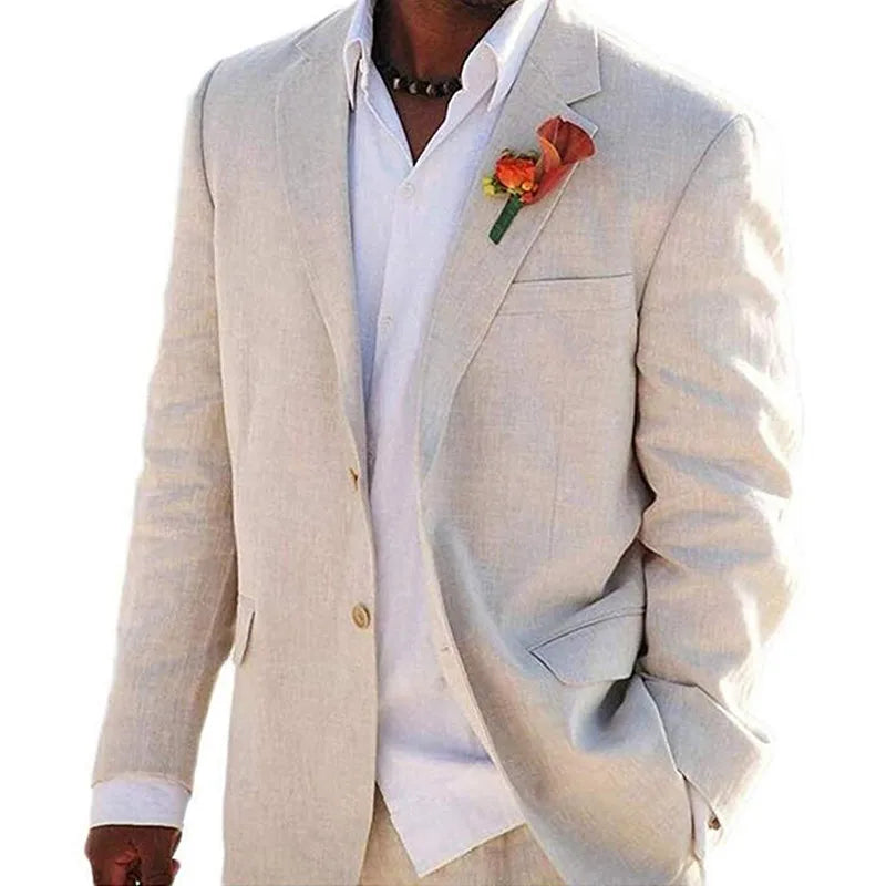 Beige Linen Men Suits 2 Pieces Beach Wedding American Style Jacket with Pants Formal Groom Tuxedos Male Suits (Blazer+Pants)
