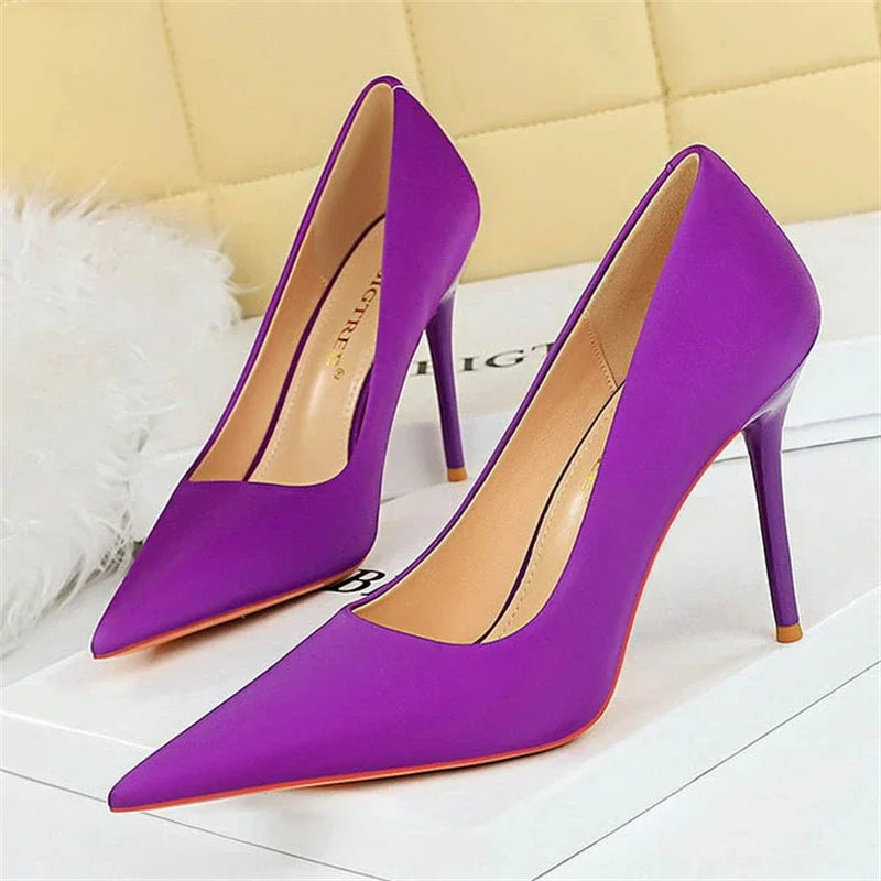 BIGTREE Autumn Fashion Simple Pedicure Slimming Super Woman Pumps Heels Shallow Mouth Strippe Pointed Sexy Nightclub Shoes