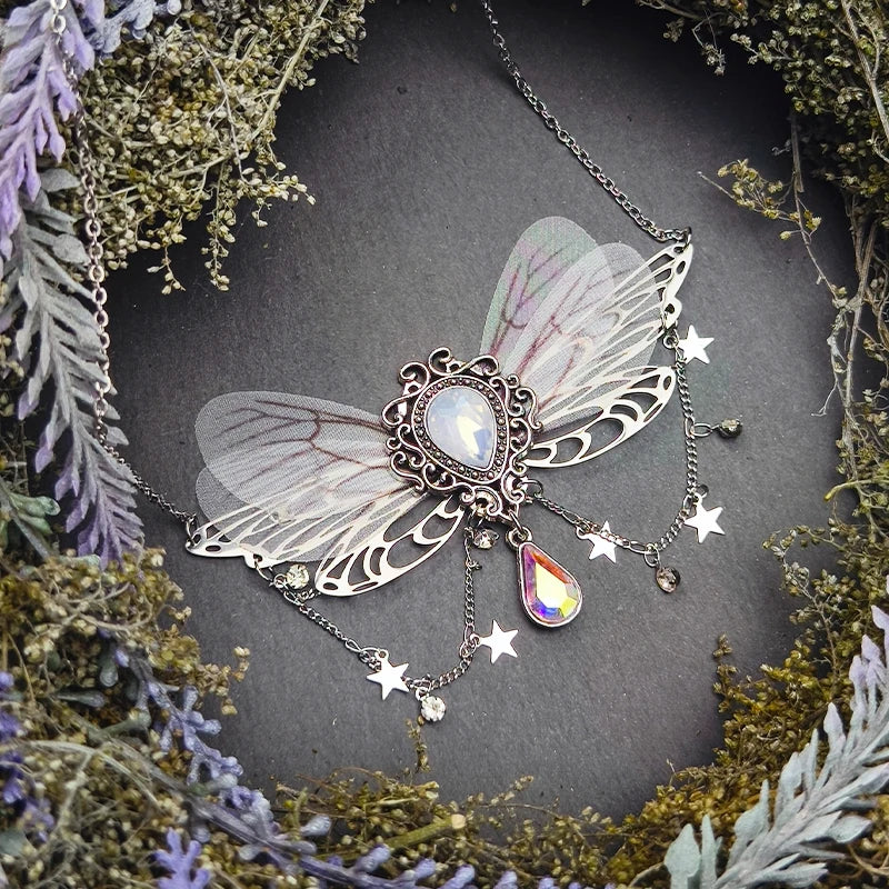 Witch Fairycore Butterfly Crystal Tassels Pendant Necklace Woodland Fairies Forest Pixie Goddess Necklace for women